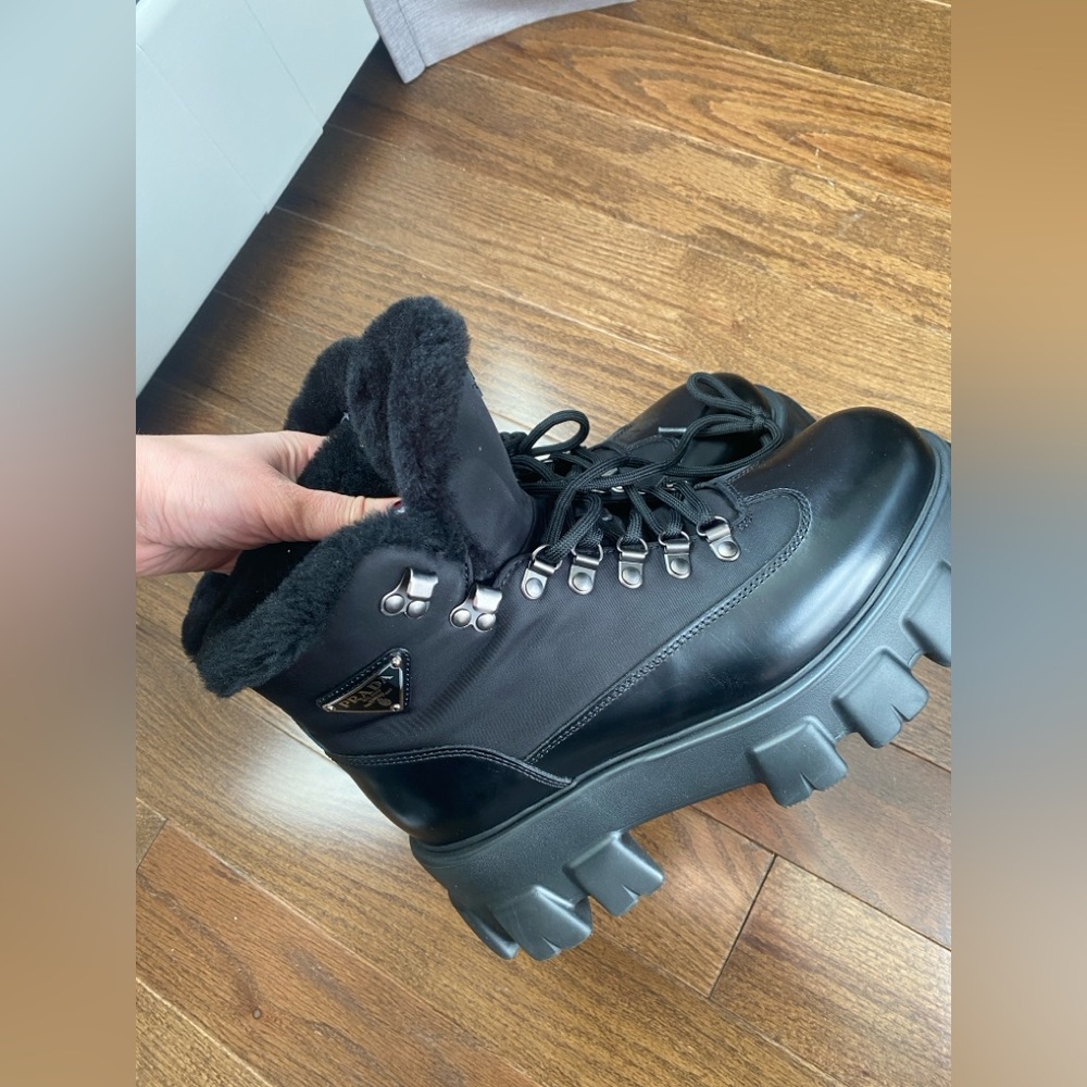 Prada Monolith Shearling Hiker Boots